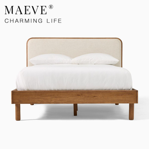 Vintage Mid Century Solid Wood Bed <strong>King</strong> Queen Size Wooden Beds Upholstered <strong>Headboard</strong> Rounded Edge Solid Wood Double Bed Frame - Product Image 2