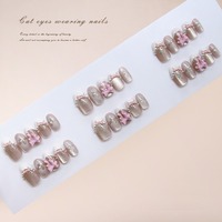 Ongles à presser T437 faits main, motif œil de chat et pois, avec nœud, style INS, réutilisables, en ABS de qualité supérieure, en gros, en stock