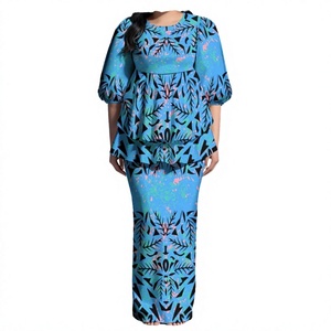 Puletasi Tonga 2 pièces pour femme, de haute qualité, personnalisé, en polyester, imprimé hawaïen bleu, décontracté, avec manches courtes bouffantes et volants superposés - Product Image 2