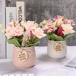 Artificial Flowers Potted Silk Rose Dahlia Peony Metal Pot Bonsai House Office Restaurant Table Centerpieces Windowsill Decor