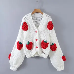 VSCOO Chunky Sweater Handmade Oversize Knitted Sweater Cropped Cardigan Women Sweater 3D Hand Knit Strawberry Plus Size Lady Top