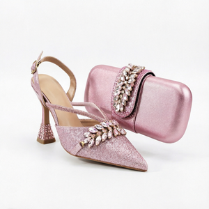 Conjunto de Sandalias de Tacón con Brillantina Rosa y Bolso de Mano, Zapatos de Vestir con Punta en Pico y Pedrería para Bodas y Fiestas - Product Image 1