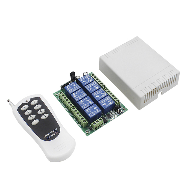 DC 12V/24V 8-Channel Relay Module Wireless 433MHz RF Remote Control Switch Plastic Transmitter Receiver Board with Learning Code