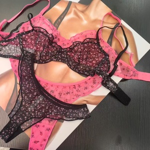 Lencería Sexy de Encaje para Mujer, Estilo Francés, Estampado Floral, Tallas Grandes, Conjunto de Sujetador Transparente para Adolescentes con Braguitas Tipo T - Product Image 2