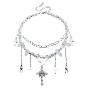 Joyería transfronteriza europea y americana, collar con colgante de dientes de sensación de Metal cruzado, cadena de clavícula de perla de imitación de aleación fresca - Product Image 1