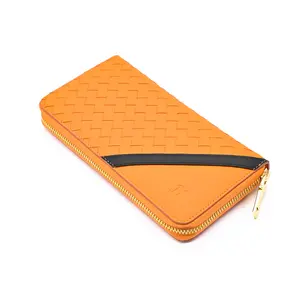 Custom Make Fashion Long Shape Woven Genuine Leather Zipper Wallet For Men Women