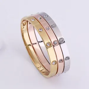 wholesale custom 18K gold plated stainless steel fashion jewelry crystal zircon love couple cuff bracelet bangle for women men