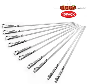 Tusuk Sate Kebab BBQ Stainless Steel, Panggang Logam Datar 17 "Dapat Digunakan Kembali