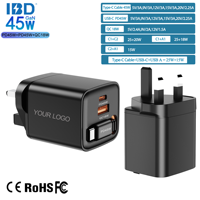 Chargeur mural rapide 45W PD3.0 PPS SCP OTP avec câble rétractable GaN de 80 cm (ports USB-C + USB-A) certifié CE/FCC/OVP