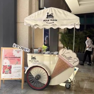 Chariot de vente ambulant compact pour desserts glacés, avec grande capacité de rangement et auvent résistant aux intempéries, idéal pour parcs, plages et activités commerciales. - Product Image 3
