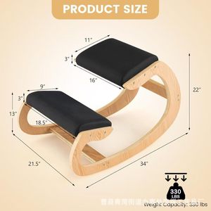 Chaise ergonomique en bois pour s'accroupir, chaise de bureau au design moderne, coussin noir, siège à bascule - Product Image 3