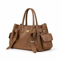 Sac fourre-tout grande capacité en PU couleur unie avec fermeture à loquet, mallette de luxe légère, sac à bandoulière multi-poches pour femme avec ceinture décorative