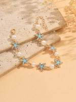 Chaîne de cheville avec breloque étoile de mer, perles artificielles bleues scintillantes, maillons dorés, fermoir mousqueton, pour femme, été, plage
