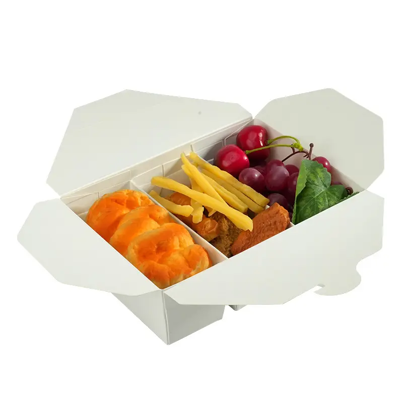 Custom Afhaalmaaltijden Eco-Vriendelijke Biologisch Afbreekbare Wegwerp 3 Compartiment Wit Papier Gebakken Kip Frietjes Lunchbox