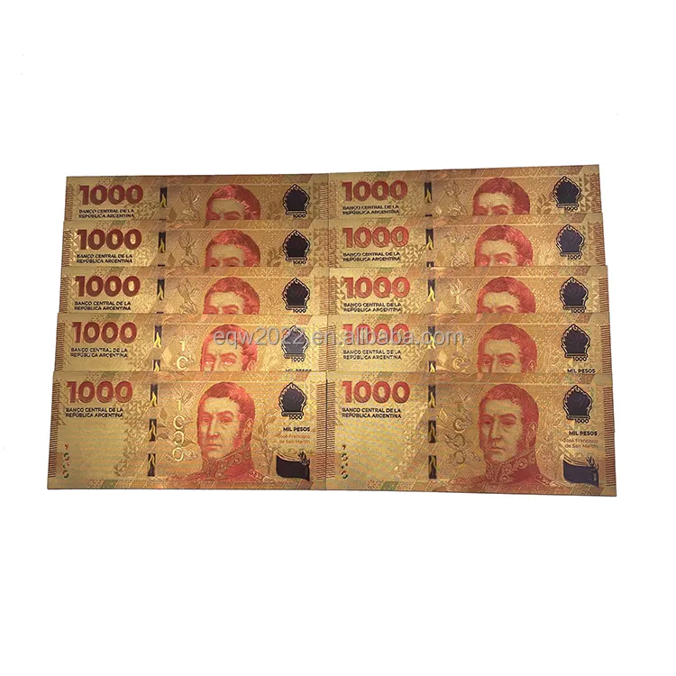 Venta al por mayor de alta calidad nueva Argentina Ars 1000 billete de dinero 24K chapado en oro billete de aluminio