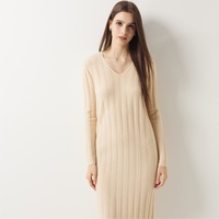 Robe longue en cachemire 30% pour femme, col en V côtelé large, pour le bureau et le quotidien, tricot à manches longues, hiver, confortable et élégante