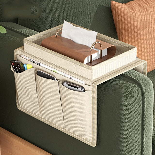 Sofa Armrest Remote Holder with 3 Pockets Non-slip Bedside Caddy Organizer White/Grey 3-Layer Round Design