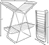 Séchoir à linge pliable sur pied à 2 niveaux en acier inoxydable avec ailes réglables