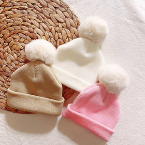 Gorro con pompón de piel sintética adornado, <span class=keywords><strong>tejido</strong></span> de algodón <span class=keywords><strong>turbante</strong></span>, gorro cálido de invierno, gorros tejidos de chenilla <span class=keywords><strong>para</strong></span> bebés - Product Image 2