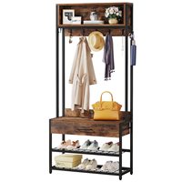 Porte-manteau moderne en bois et métal Suoernuo, étagère à chaussures à 3 niveaux, étagère de rangement 4-en-1 avec 9 crochets