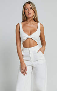 Oem Personnalisé Nouveau Design Nouveau Design Co Ord Col V Sans Manches Crop Tops Pantalon en <span class=keywords><strong>Lin</strong></span> <span class=keywords><strong>Blanc</strong></span> Pantalon 2 Pièces Ensembles pour Femmes - Product Image 5