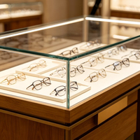 Vitrines d'exposition LED personnalisées pour lunettes, comptoirs de magasin d'optique, stations d'expérience en îlot central de centre commercial et vitrines d'exposition