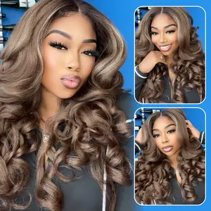 Parrucche Latisha con Frontale in Pizzo Sintetico, 24 Pollici, Marrone <span class=keywords><strong>Chiaro</strong></span>, Cappuccio Piccolo, Onda Afro, Densità 180%, Punte Spesse, <span class=keywords><strong>Capelli</strong></span> Afro con Baby Hair per Donne - Product Image 6