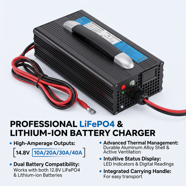 Industrial 14.6V Lithium Battery Charger 10A 20A 30A 40A for 12.8V LiFePO4 Battery Systems CE Certified