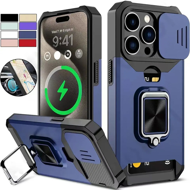 Shockproof PC TPU Cell Phone Case Back Cover Slide Lens Protection Kickstand Includes Card Holder for iPhone 15 Pro Max 16 Plus