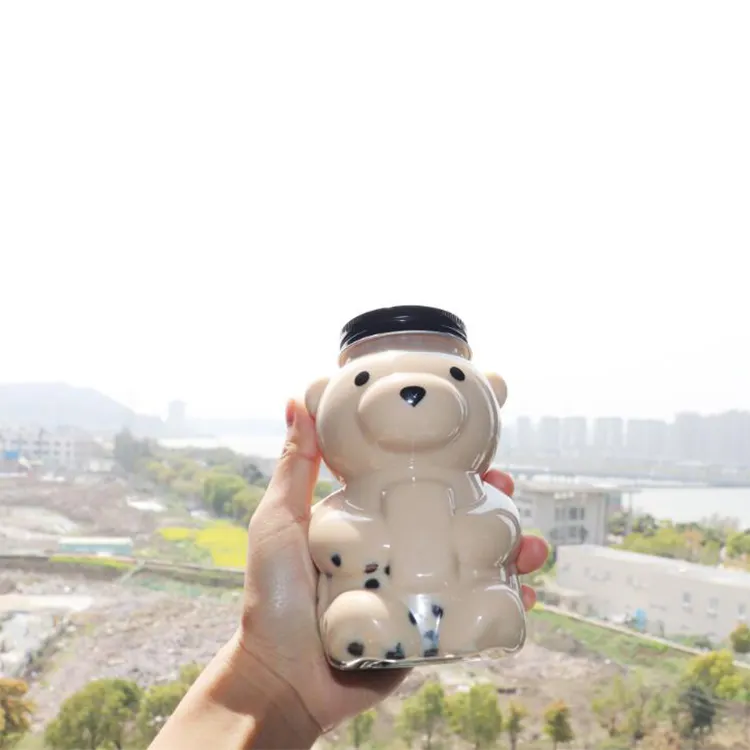 16 OZ 500 Ml Botol Plastik Berbentuk Beruang, Madu Kopi Susu Lucu dengan Topi Sekrup untuk Anak-anak