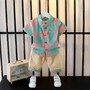 2024 Summer New Factory Wholesale Casual Boys Cotton Breathable Plaid Shirt Pants 2 Pieces Korean Style Clothing Sets