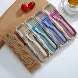 Eco friendly Office School Camping Plastic cutlery set Biodegradable wheat straw cutlery with camping box