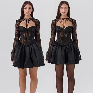 Robe Courte Sexy en Dentelle et Corset 2026 à Manches Longues en Maille Transparente Coupe Évasée pour Soirée et Club - Product Image 1