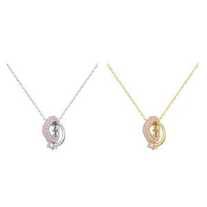 Baru Datang 925 Sterling Silver Emas Disepuh Charm Micro-inlaid Pink Zircon Cinta Hati dan Cincin Liontin Kalung