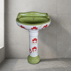 Lowest Price Vinus <b>Set</b> - Vitrosa Pedestal and <b>Wash</b> Basin in Round Model, Ceramic Sanitary Ware <b>Set</b>, White and Mint Green Color - Product Image 1