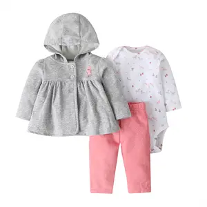 OEM Solid Color Hooded Coat Baby Girls Wholesale Clothes Baby Rompers 3 Pieces Set Toddler Clothing