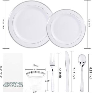 Juego de cubiertos y platos de plástico plateado desechables de muestra gratis para 25 invitados, paquete de 175 piezas para fiestas de bodas para restaurantes - Product Image 2