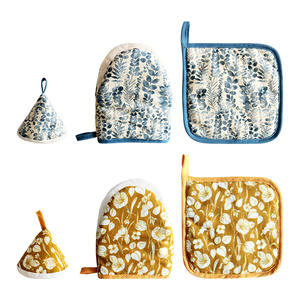 Ensemble de gants de four en coton avec couvercle de pot et set de table, motif floral, tulipes jaunes, feuilles bleues, 18 cm, pour utilisation au four - Product Image 5