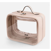 Sac de maquillage professionnel personnalisé en cuir PU nude et PVC transparent, grande trousse de toilette de voyage, boîte organisatrice