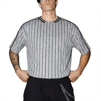 Men's Gray Striped O-Neck Short Sleeve Knitted Polyester/Cotton T-Shirt Contrast Trim Casual Regular Fit Eco-Friendly Quick Dry