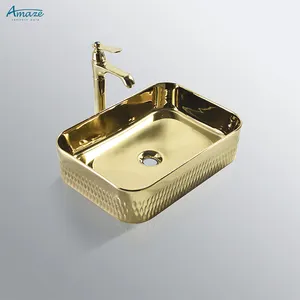 Pabrik kualitas tinggi warna peralatan sanitasi mudah dibersihkan berlapis emas meja cuci tangan wastafel keramik kamar mandi untuk hotel