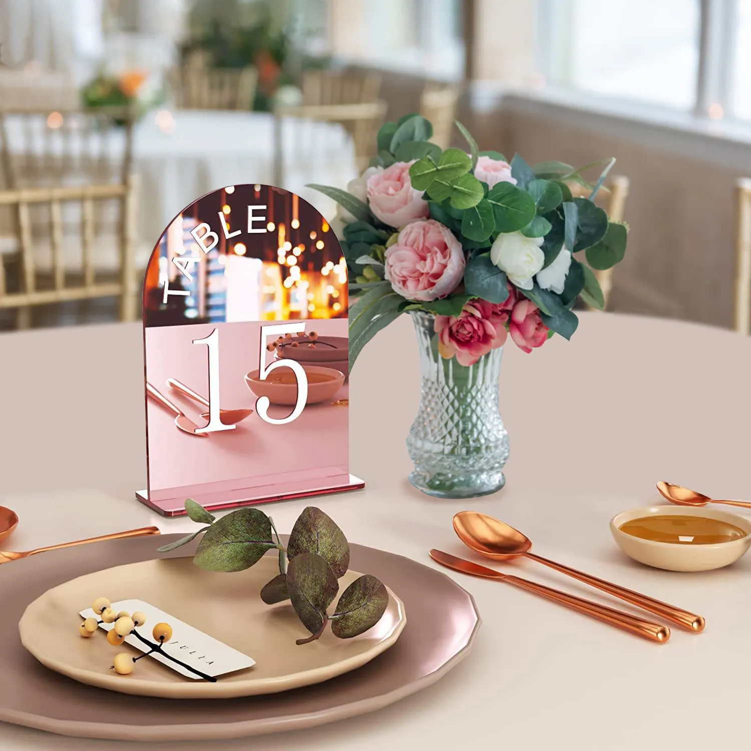 Pafu Wedding Luxury Decoration Mirror Acrylic Table Numbers Rose gold Table Numbers 5"x7"Arched Wedding Table Numbers Stand