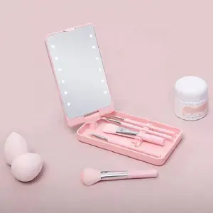 360 Degree Led Light Mirror Folding Makeup Brush Mirror Set Travel Compact Pocket Hand Mirror Makeup Brush Set