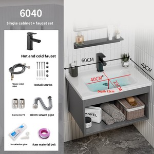 Conjunto de Muebles de Baño de Aluminio Espacial con Almacenamiento Montado en la Pared e Iluminación, <span class=keywords><strong>Lavabo</strong></span> de Cerámica para Balcón, Cuarto de Baño y Aseo - Product Image 6