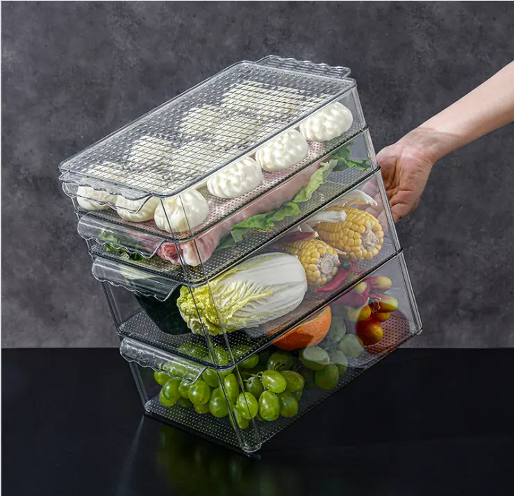 Stackable Refrigerator Organizer Keeper Drawers Bins Baskets with Lids and Removable Drain Tray for Veggie Berry Fruits