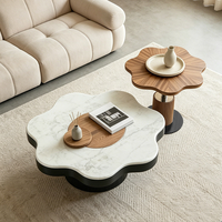 Table basse moderne en forme de fleur, plateau en pierre microcristalline, placage en noyer, base en métal, table de salon de luxe design