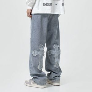 Vaqueros Hip-hop Estilo Europeo Americano con Parches Cruzados para Hombre, Pantalones Anchos Rectos y Holgados de Poliéster a la Moda - Product Image 4