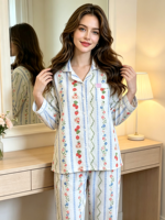 Pyjama Minimaliste en Coton Pur pour Femme, Luxueux et Mignon, Automne, Manches Longues, Polaire Fine, Respirant, Taille Élastique, Col Rabattu