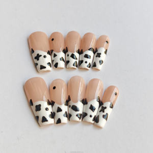 <span class=keywords><strong>Uñas</strong></span> postizas de moda hechas a mano con estampado de <span class=keywords><strong>vaca</strong></span> y puntas francesas nude para mujer - Product Image 1