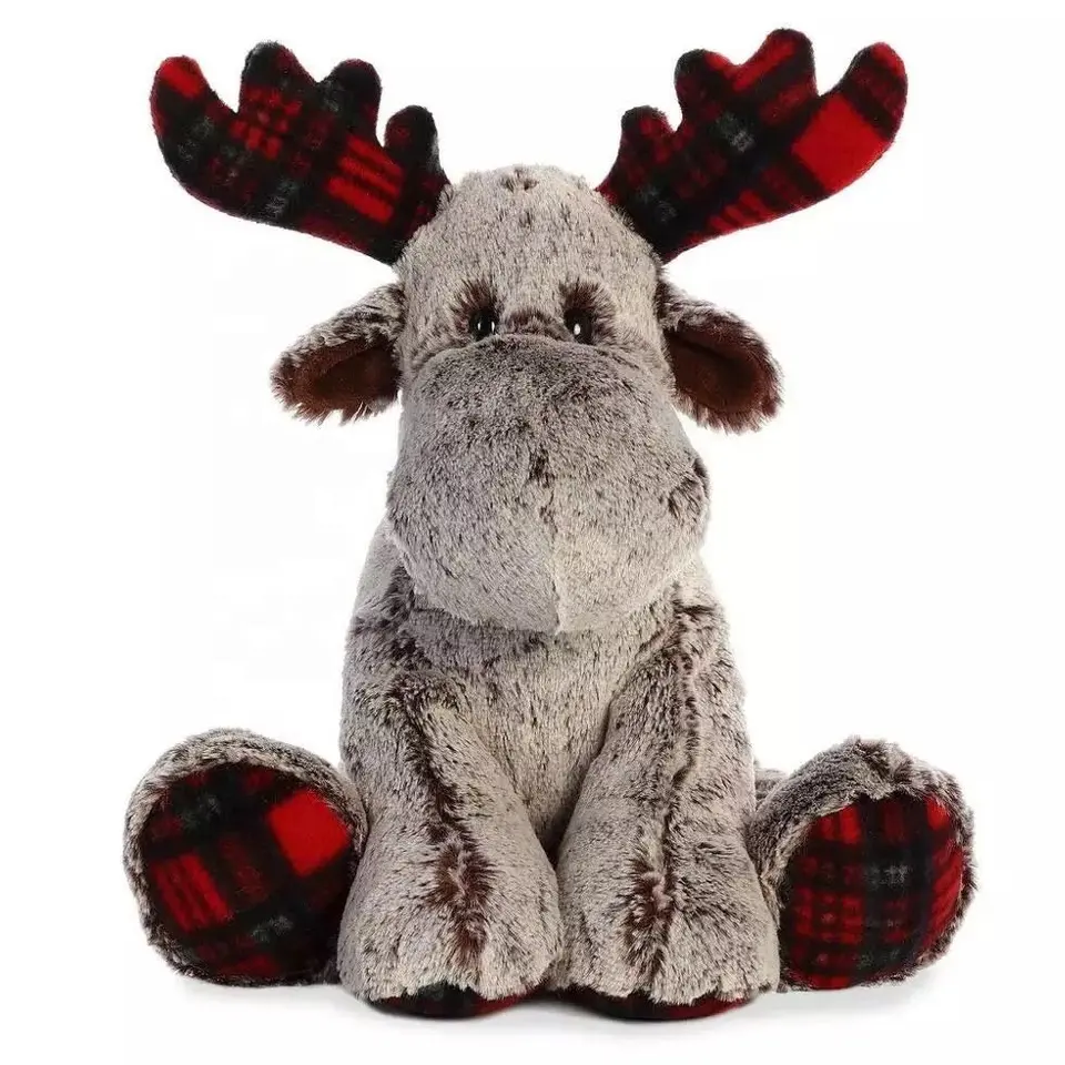 Presente do Natal Alce do luxuoso com Xadrez Vermelho Macio Vida Selvagem Alce Adorável Playtime Zoo Moose Plush Stuffed Animal